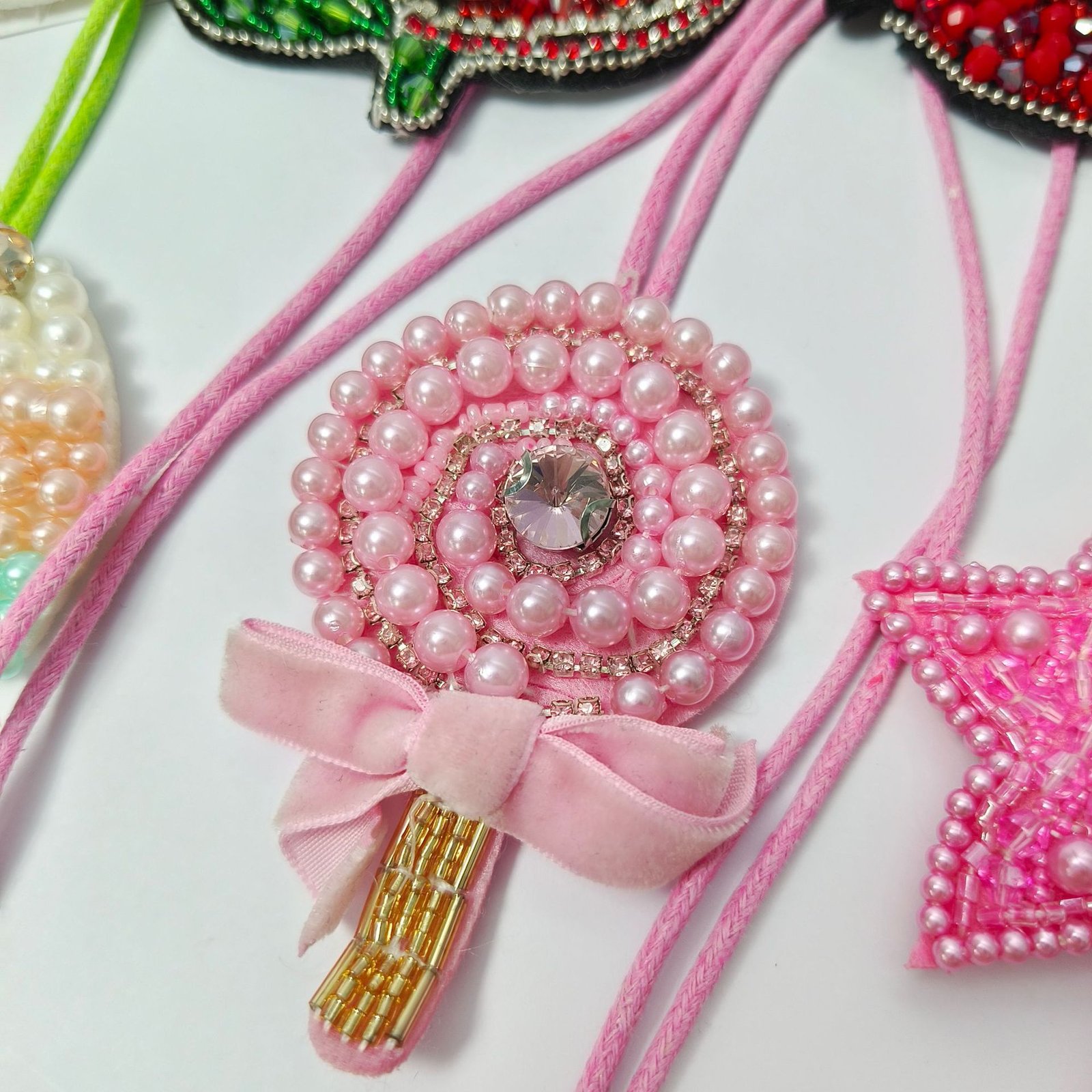 Pink lollipop beaded embroidery applique with ribbon bow handmade DIY pendant patch