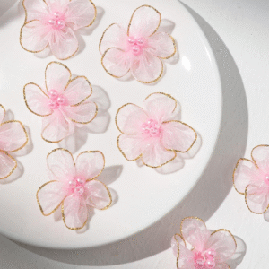 Gold-Edged Organza Flower Appliqué with Pearl Center