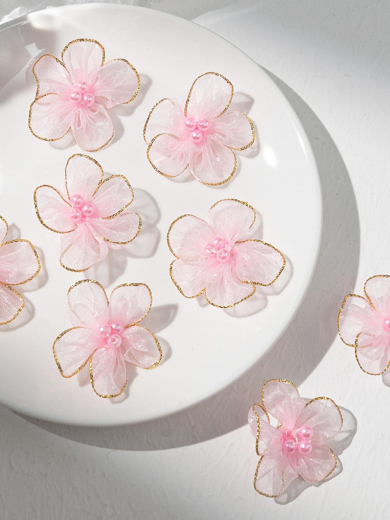 Gold-Edged Organza Flower Appliqué with Pearl Center