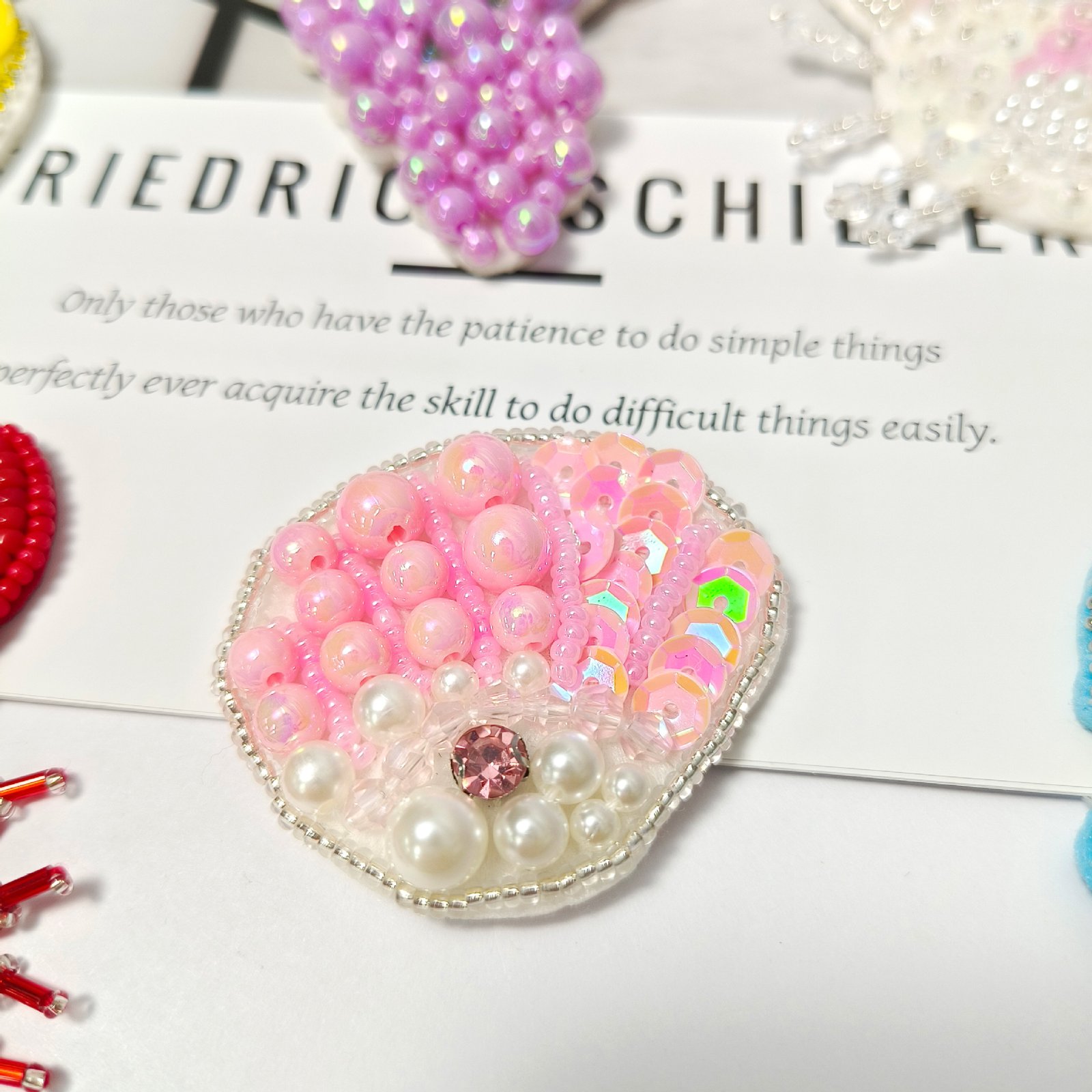 Pink seashell beaded embroidery applique handmade patch DIY ocean style accessory