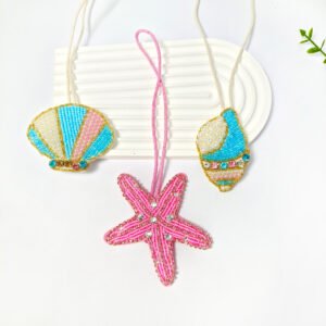 Pink starfish and seashell beaded embroidery pendant handmade applique DIY ocean accessory