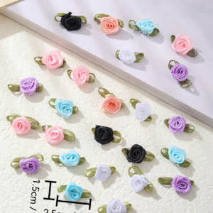 50pcs Mini Satin Ribbon Rose Appliqué with Leaf Detail