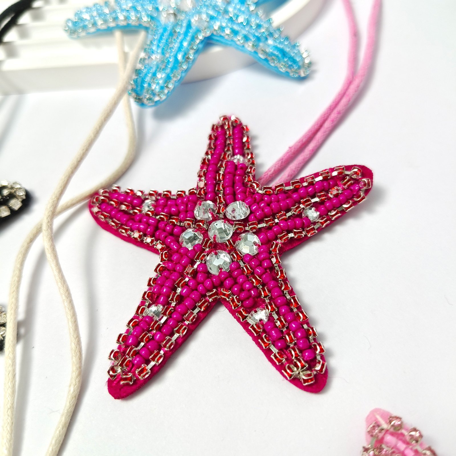 Red starfish embroidery pendant handmade beaded applique DIY ocean style accessory