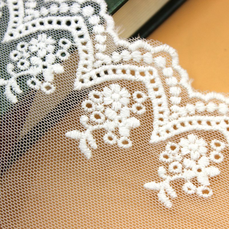 Close-up of delicate embroidered lace on tulle fabric, ideal for enhancing dresses and accessories.