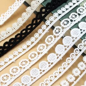 Intricate white floral water-soluble lace trim, ideal for DIY fashion and craft projects