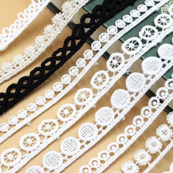Intricate white floral water-soluble lace trim, ideal for DIY fashion and craft projects