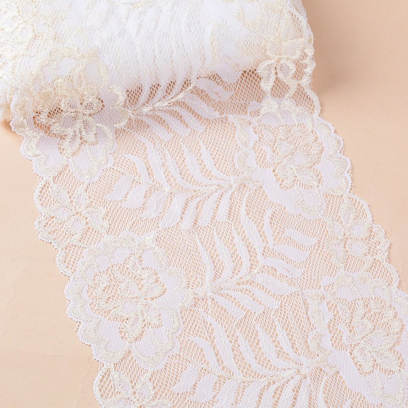 white Elastic Lace with Embroidery 18cm Wide for Dressmaking and Fashion