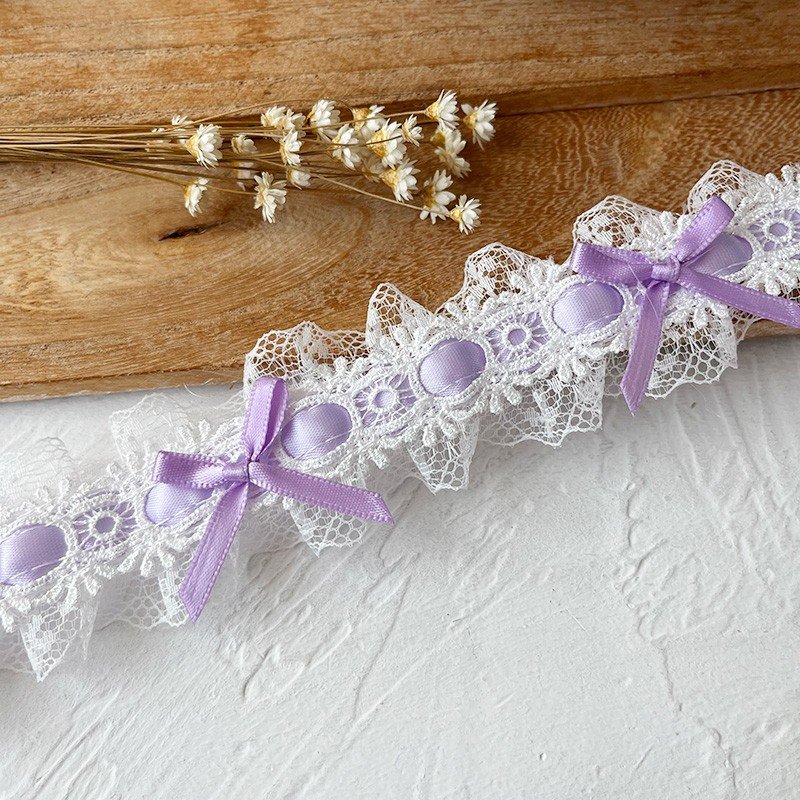 White Lolita Lace Trim with Purple Bow, 3.8cm Width for Sewing and Decoration