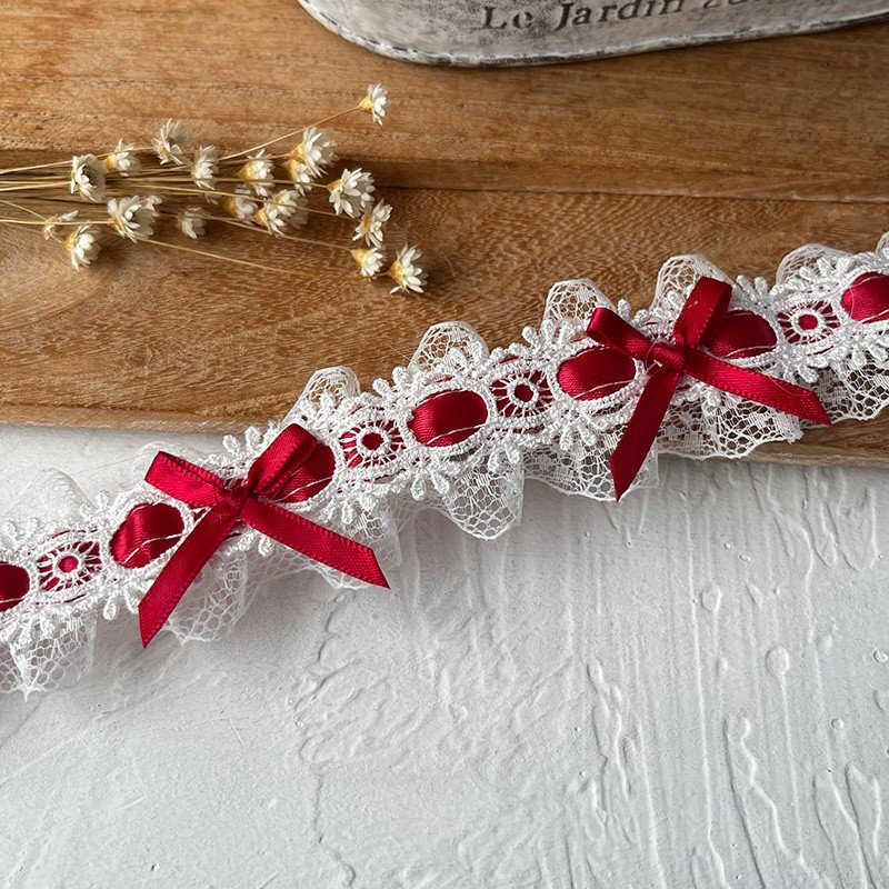 White Lolita Lace Trim with Red Bows, 3.8cm Width Embroidery Lace