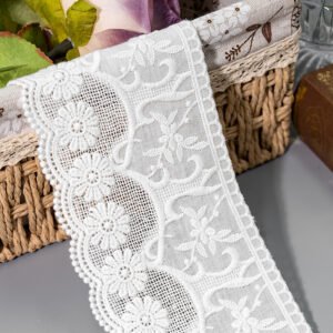 Elegant white water-soluble lace trim with delicate flower patterns, perfect for adding a soft touch to dresses and accessories