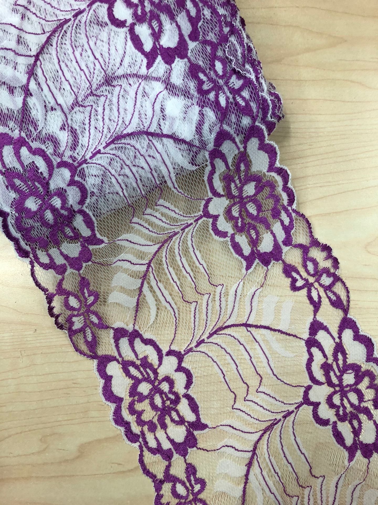 Purple Elastic Embroidery Lace Trim 18cm Wide for Lingerie and Wedding Apparel