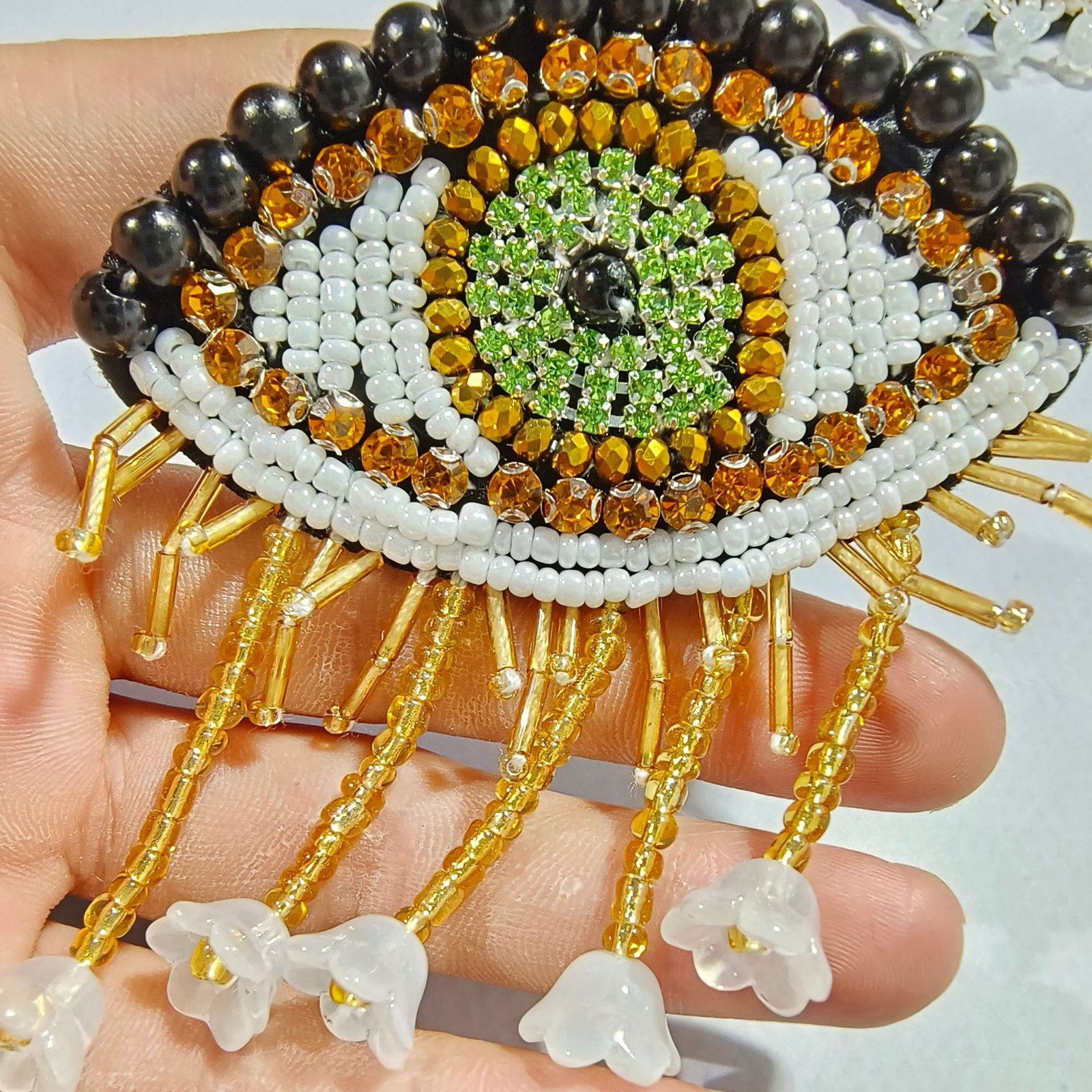 Yellow evil eye handmade beaded embroidery pendant protective charm applique DIY accessory