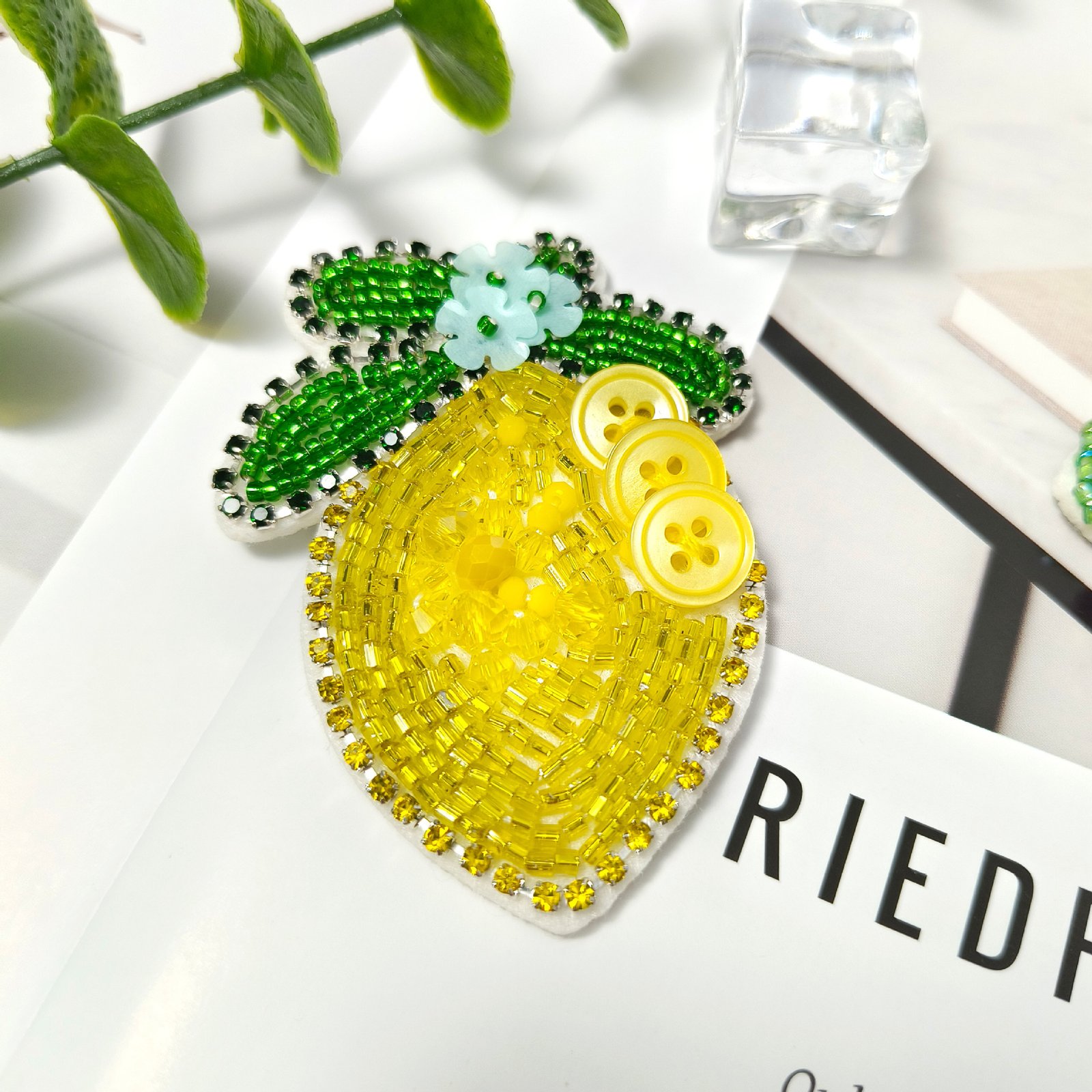 Yellow lemon handmade beaded embroidery applique DIY fruit patch clothing accessory