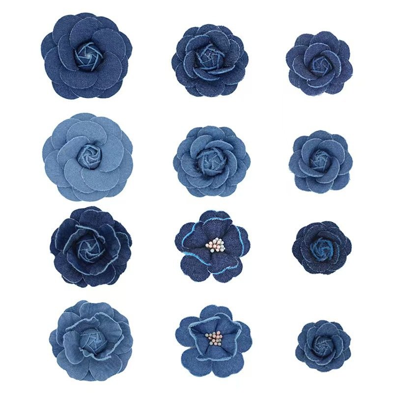 Handmade denim camellia flower applique for DIY crafts and fashion accessories