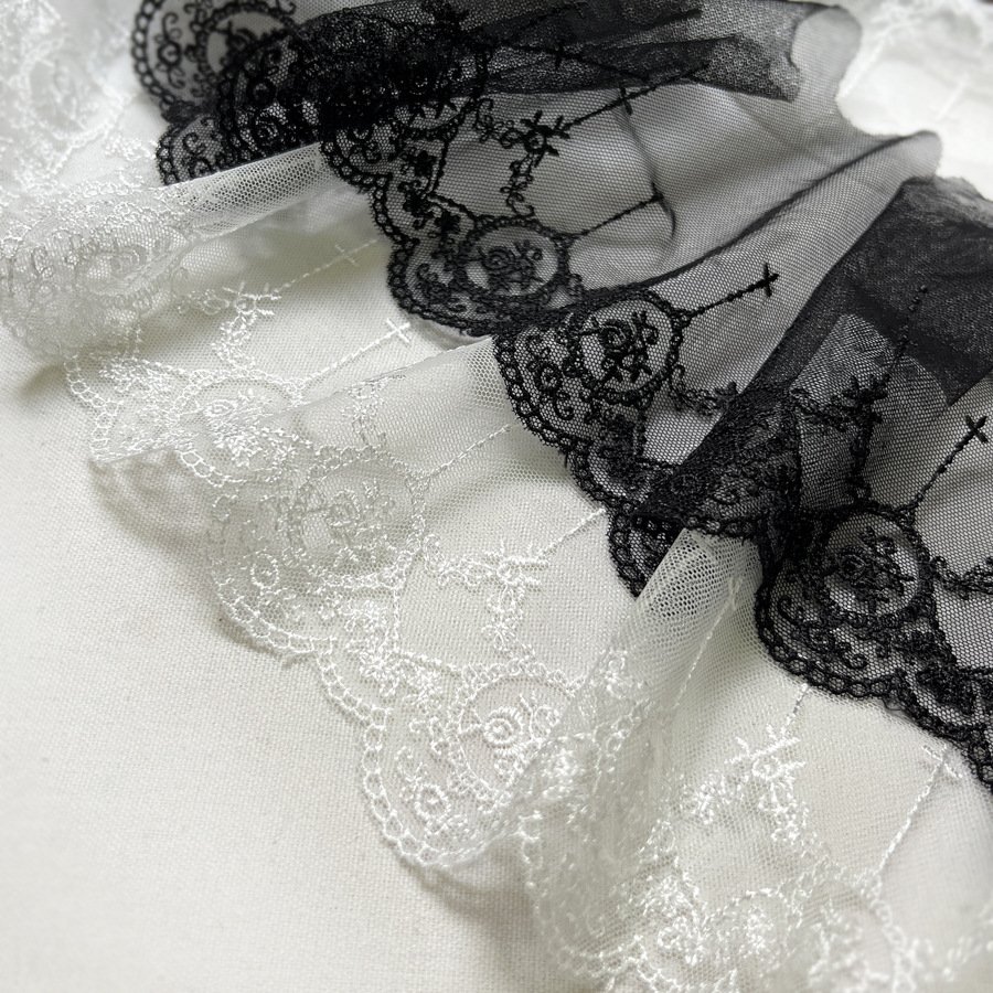 Decorative 14cm mesh fabric lace trim with embroidery for wedding gowns, skirts, sleeves and neckline