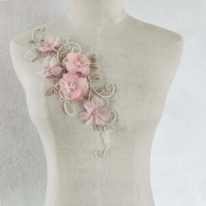 3D embroidery applique pink mesh flower patch with lace leaves for dresses and DIY sewing