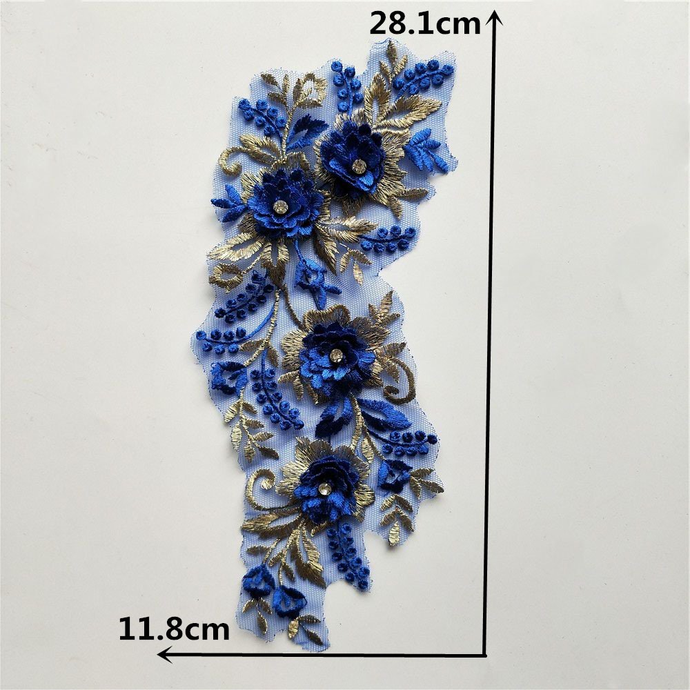 3D floral embroidery applique in blue and gold, neckline decoration patch for gowns and evening dresses