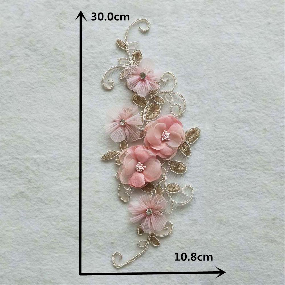 3D floral embroidery applique with pink mesh flowers and lace vines for bridal gowns and handmade clothing