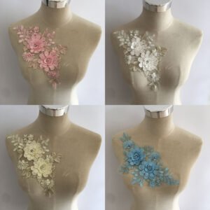 3D floral hollow lace appliqué patches available in ivory, champagne, blue, and pink for global fashion decoration
