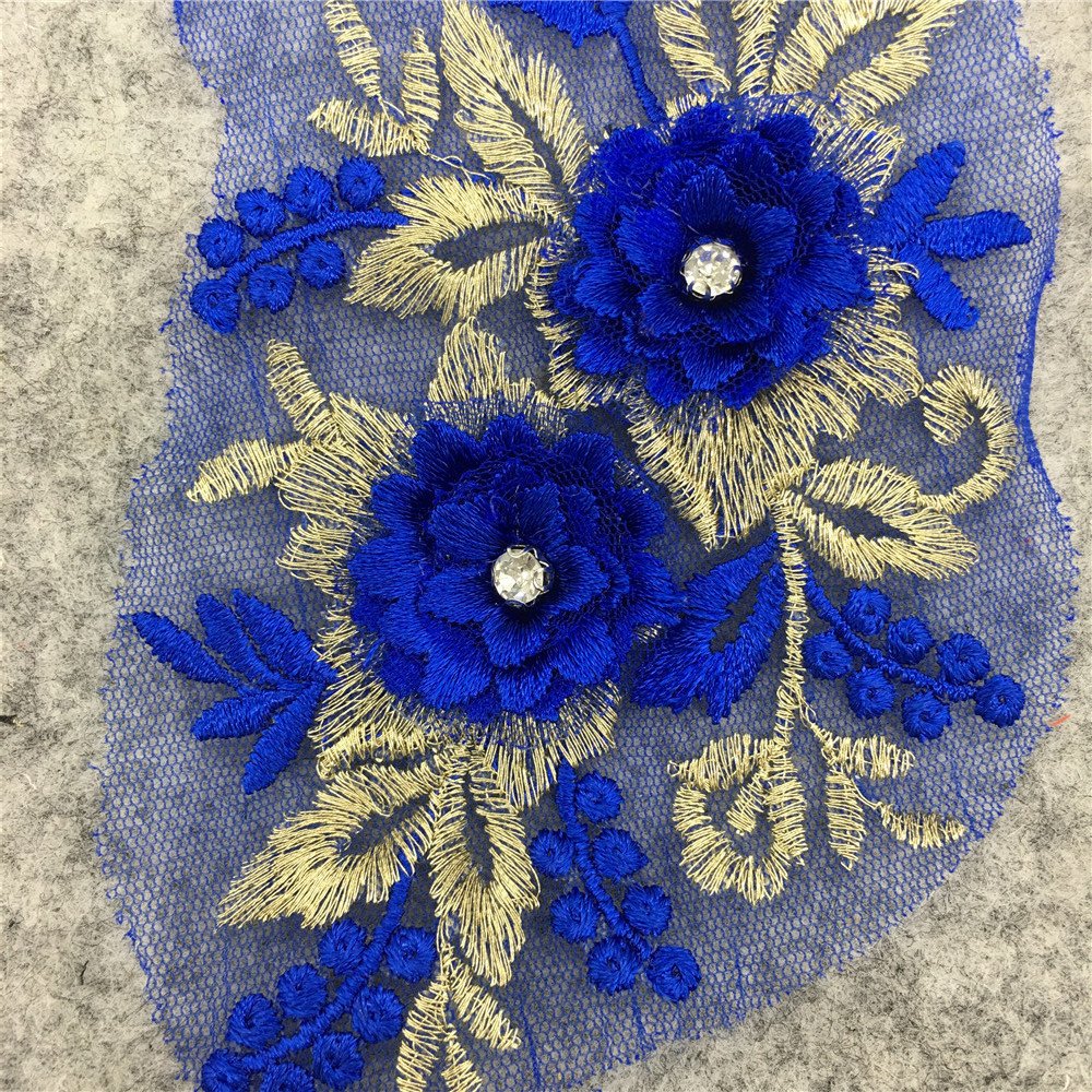 3D blue flower embroidery applique with gold leaves for dresses and DIY fashion design