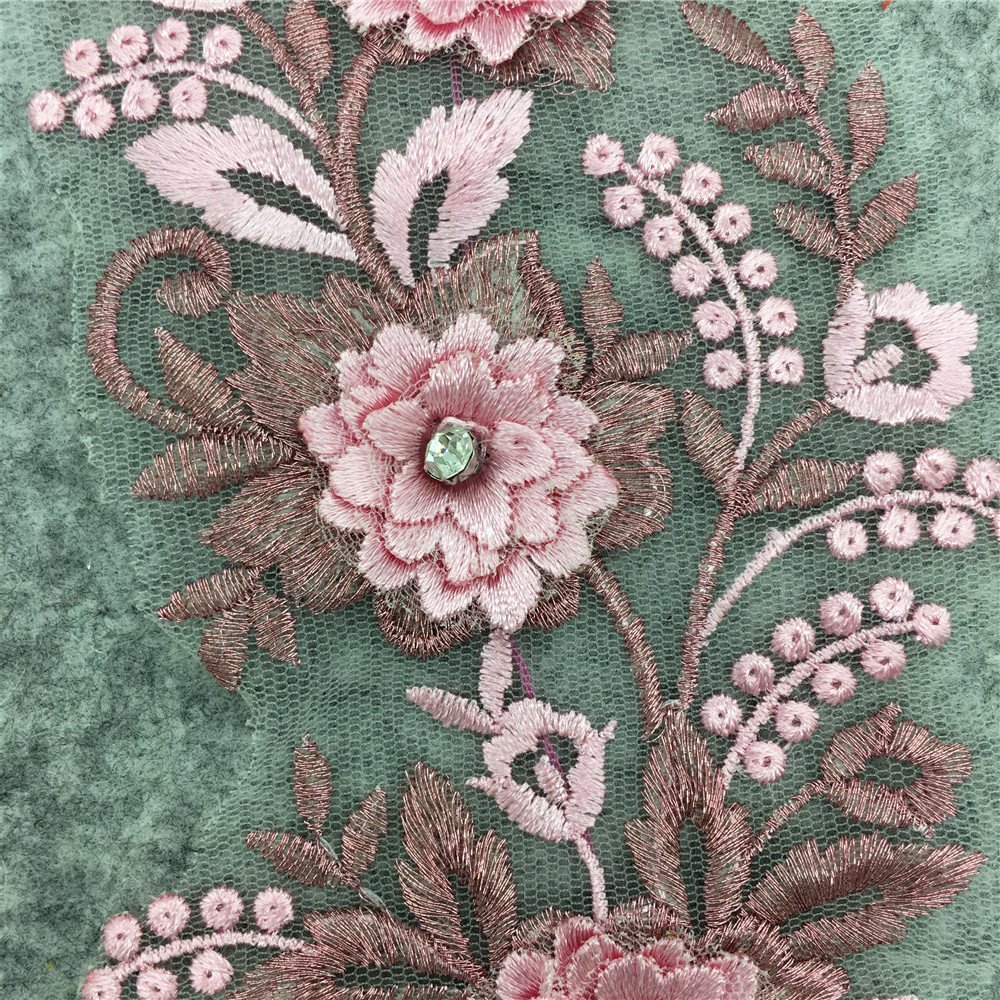 Pink 3D flower embroidery applique with green lace background for wedding gowns and handmade clothing