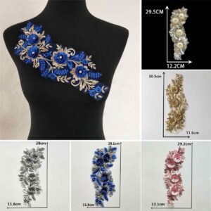 Set of 3D floral lace embroidery appliques in blue, gold, pink and silver for dresses and stage costumes