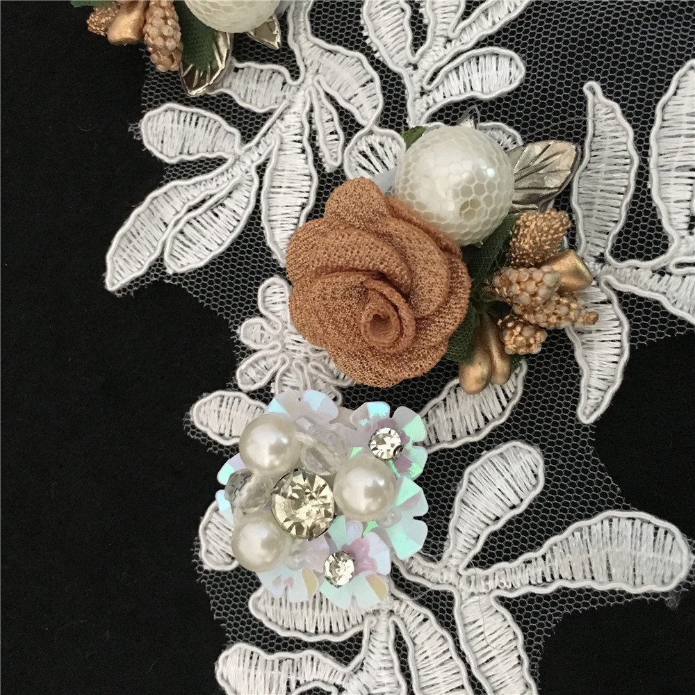 3D flower pearl embroidery applique lace patch with white and brown flowers for dresses and gowns