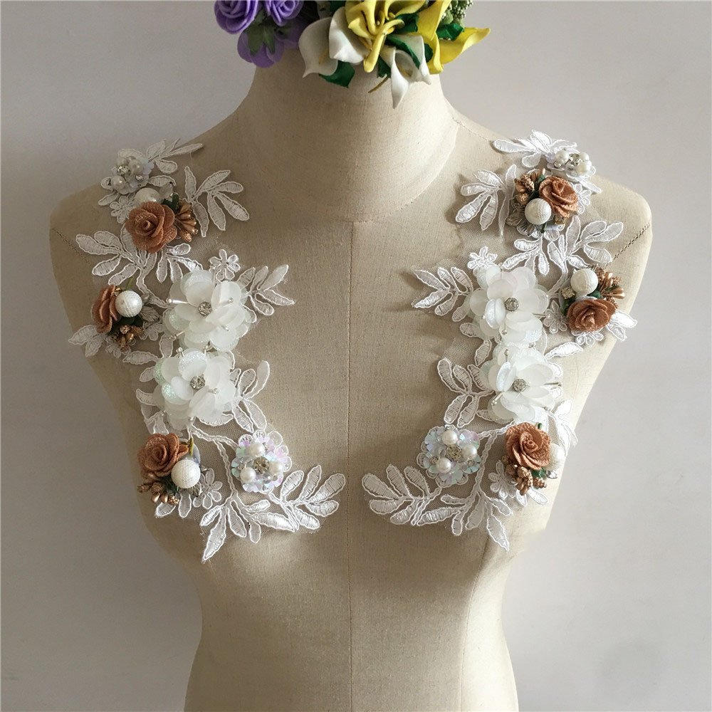 3D flower embroidery applique with pearls for neckline decoration on bridal gowns and dresses