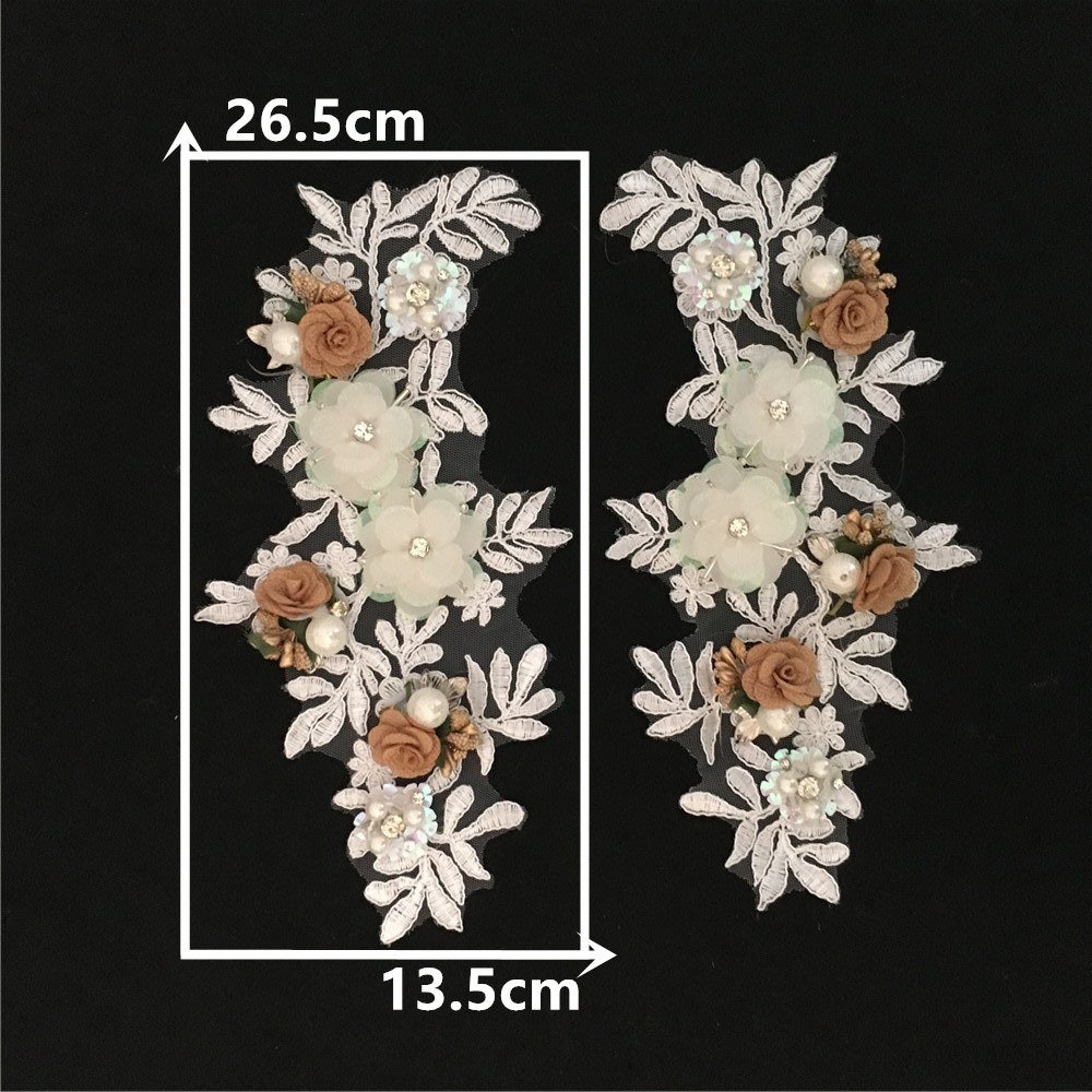 Pair of 3D flower pearl embroidery appliques with white and brown floral lace for sewing projects