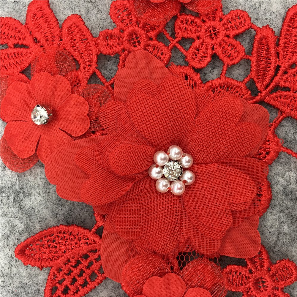 Red 3D hollow floral embroidery applique lace patch with pearls for gowns and stage costumes