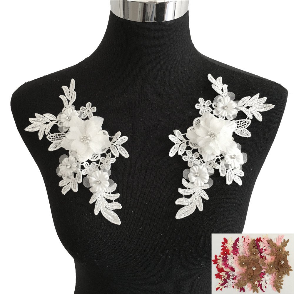 3D hollow floral embroidery applique in white lace with pearls for bridal gowns and DIY sewing