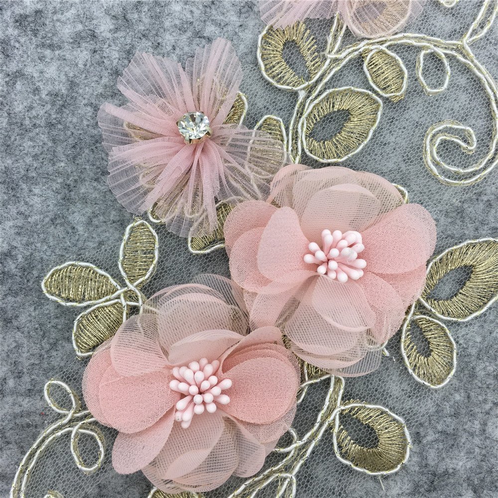 3D pink floral embroidery applique with pearls and mesh petals for evening dresses and accessories