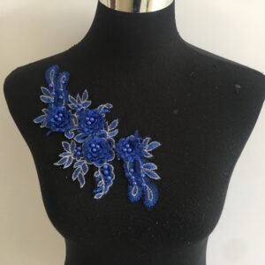 3D handmade rhinestone lace appliqué patch blue floral design for evening gowns and couture fashion