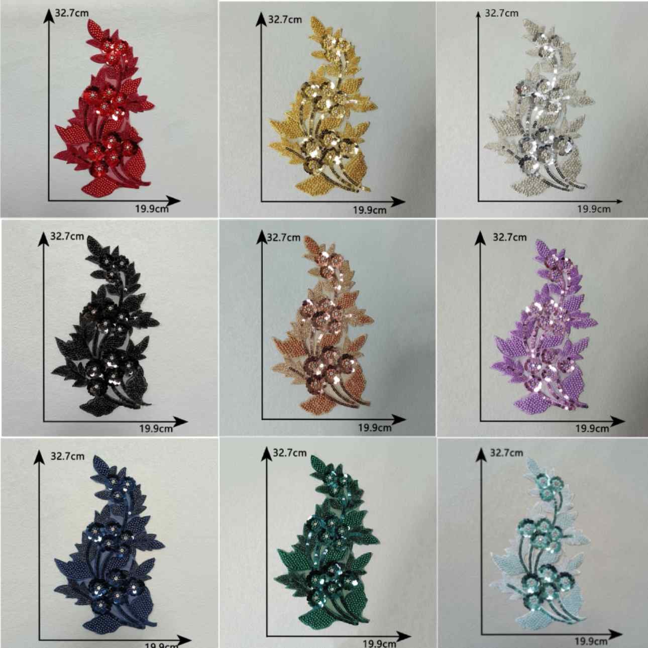 Assorted mesh sequin rhinestone floral appliqué set in multiple colors for sewing and decoration