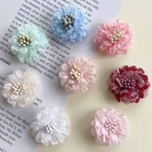 Assorted Mini 3D Fabric Flower Patches Handmade Appliques with Beaded Centers for DIY Accessories