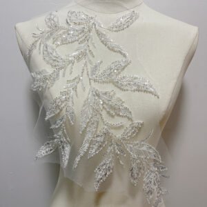 Beaded lace embroidery applique neckline decoration for bridal gowns and evening dresses