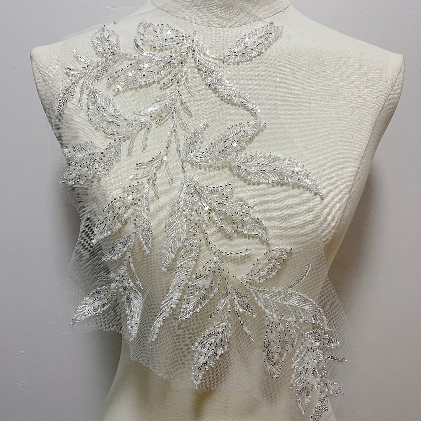 Beaded lace embroidery applique neckline decoration for bridal gowns and evening dresses