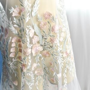 Beige 3D Branch Floral Embroidered Lace Fabric for Wedding Dress, Stage and Luxury DIY