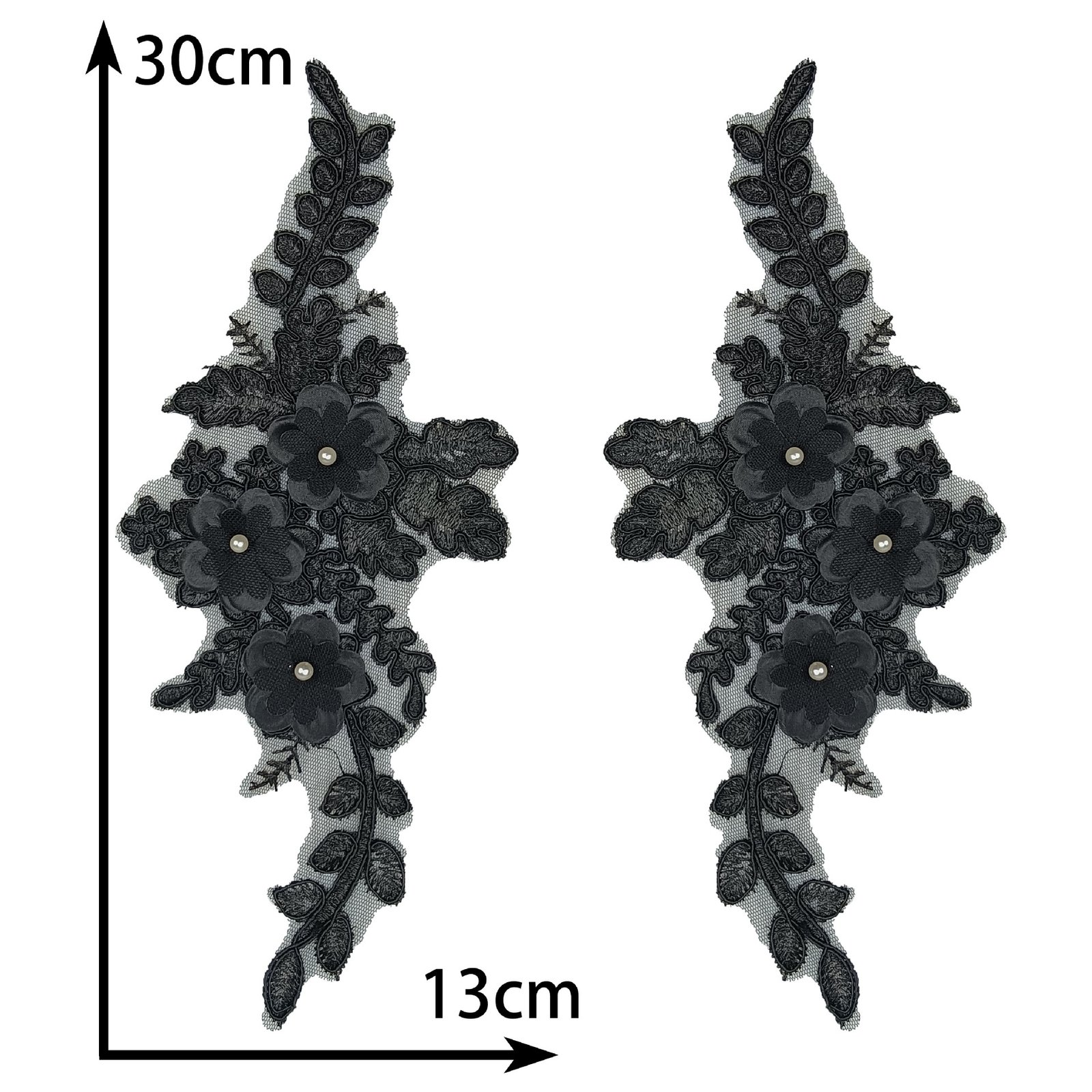 Black 3D embroidered lace appliqué pair for dresses, jackets, abayas, and stage costumes