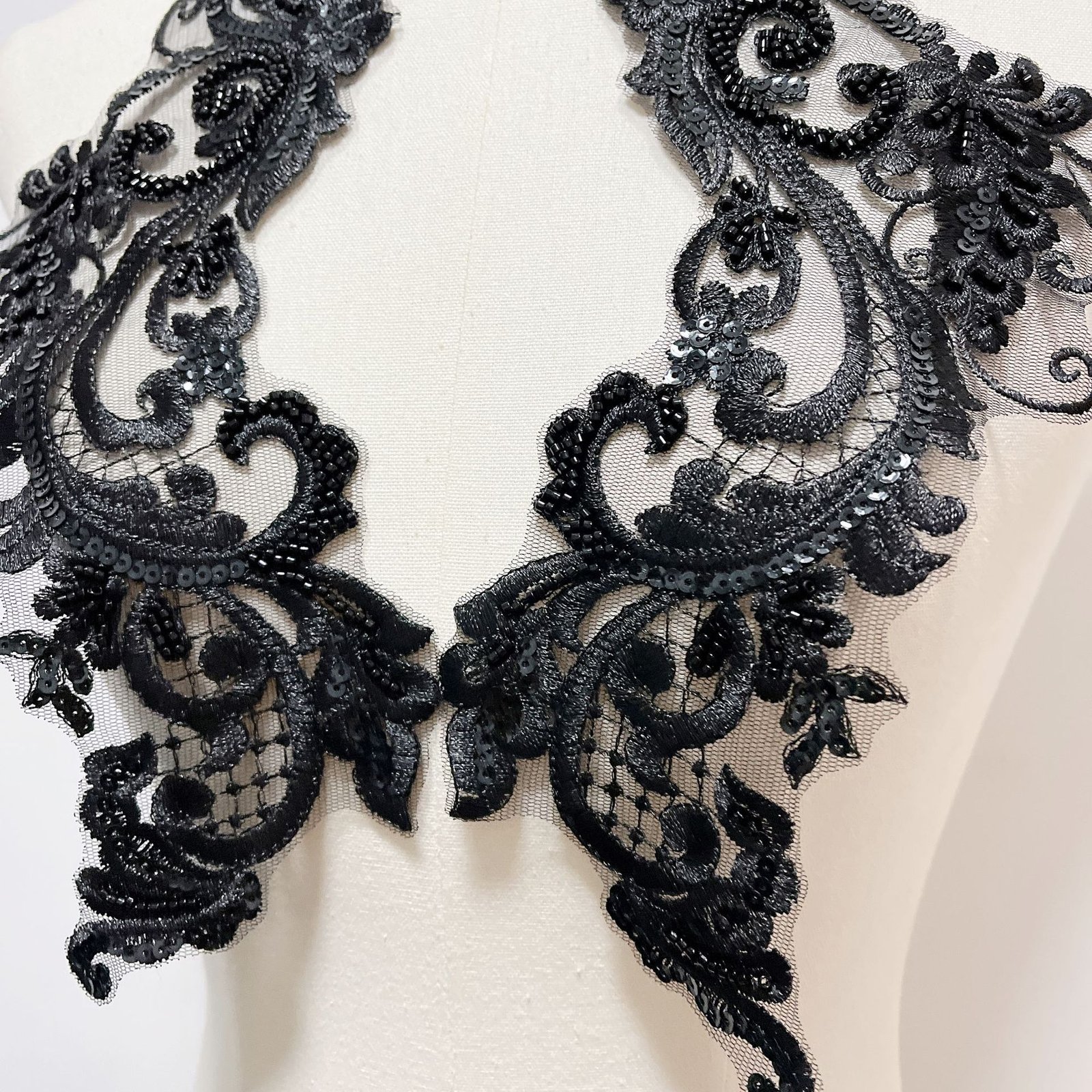 Black lace embroidery applique neckline patch for dresses and DIY clothing design