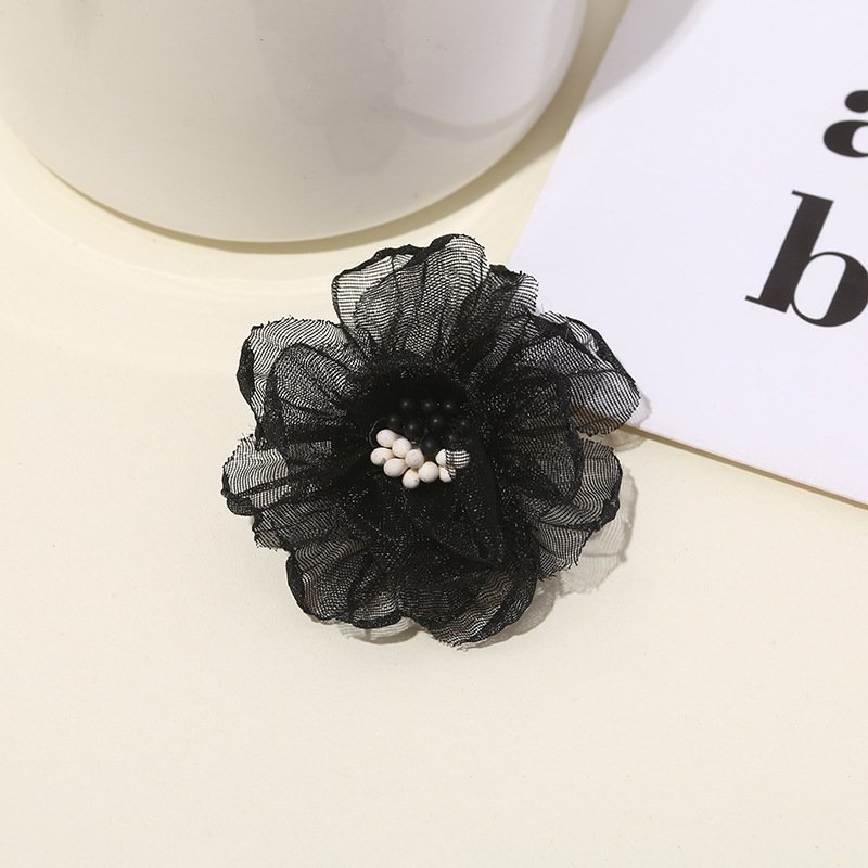 Black Organza Burnt Edge Flower Applique 5cm with Pearl Center for Dresses and Accessories