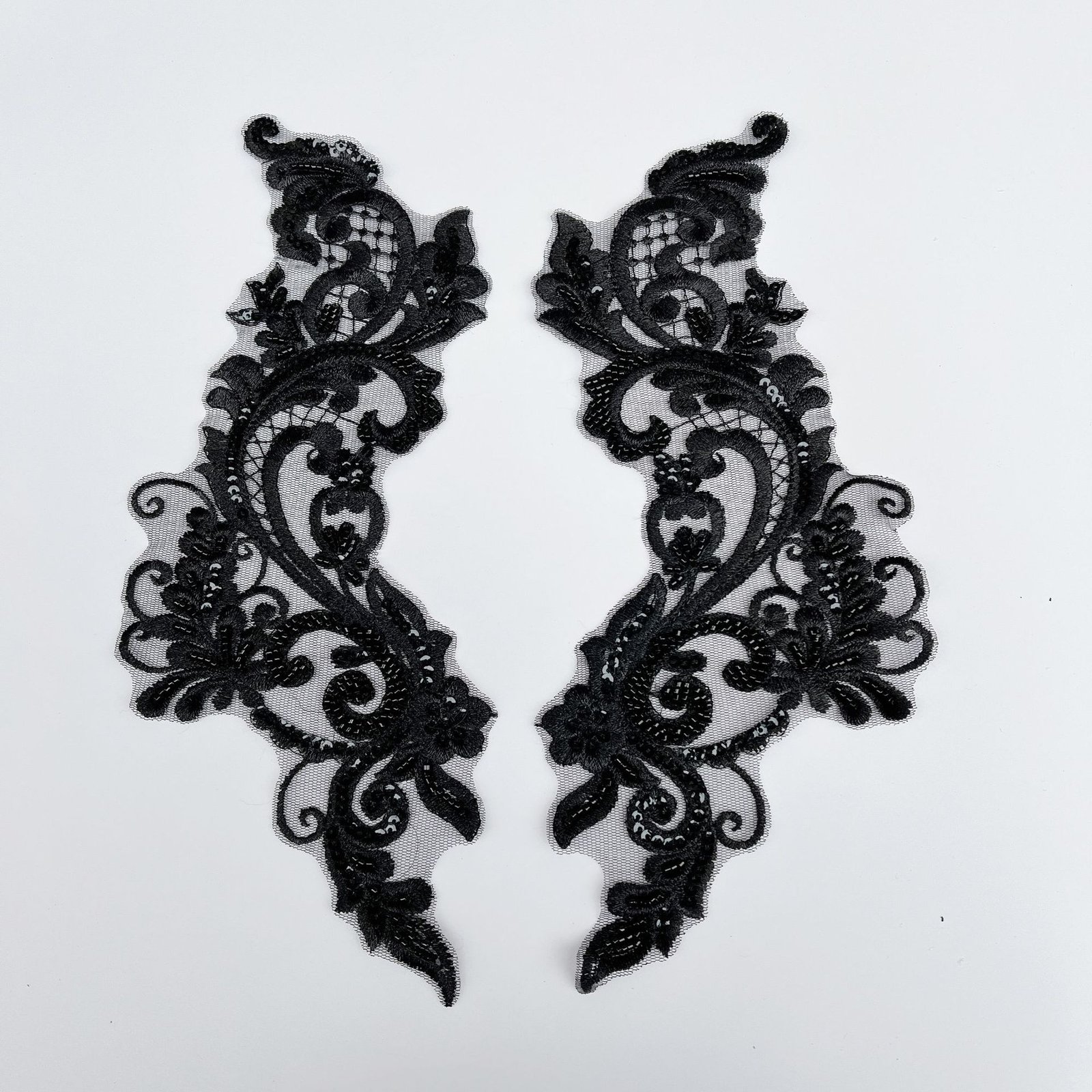 Pair of black lace embroidery applique patches for women’s dress and DIY sewing