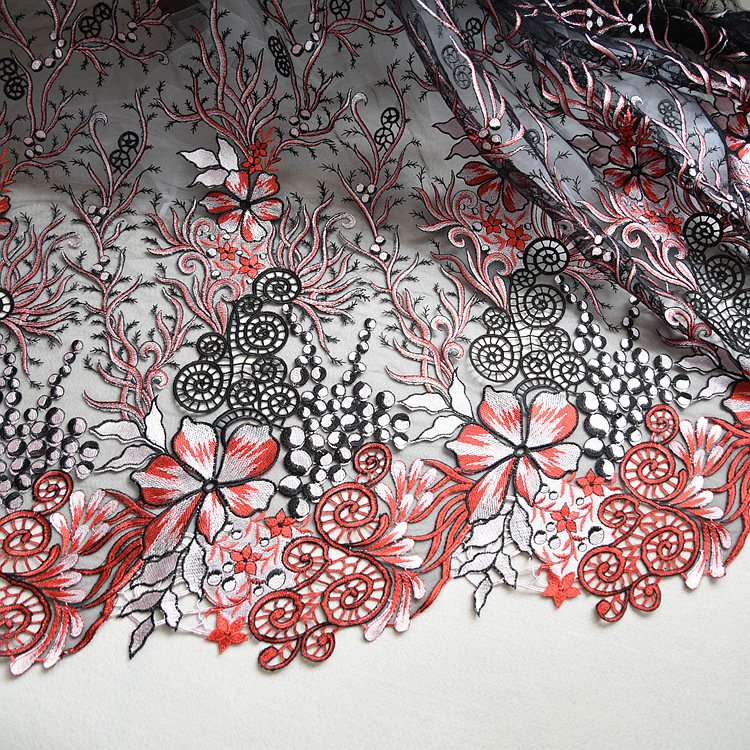 Black and red floral embroidered lace fabric mesh for couture dresses