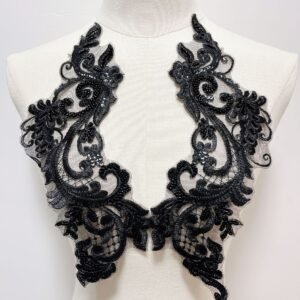 Elegant black symmetrical lace applique embroidery patch for neckline decoration