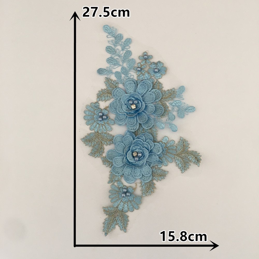 Blue 3D floral hollow lace embroidery appliqué patch for evening gowns and handmade fashion accessories