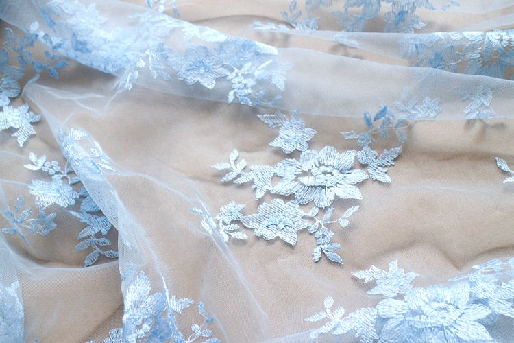 Blue Embroidered Lace Fabric DIY Floral Trim for Wedding Dress and Stage Costumes