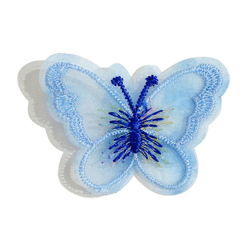 Blue Embroidered Tulle Butterfly Patch with Metallic Thread for DIY Sewing, Bags, and Wedding Décor