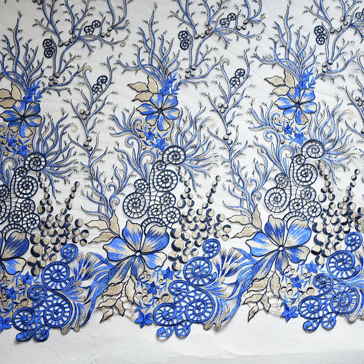 Blue floral embroidered lace fabric for bridal gowns and couture fashion