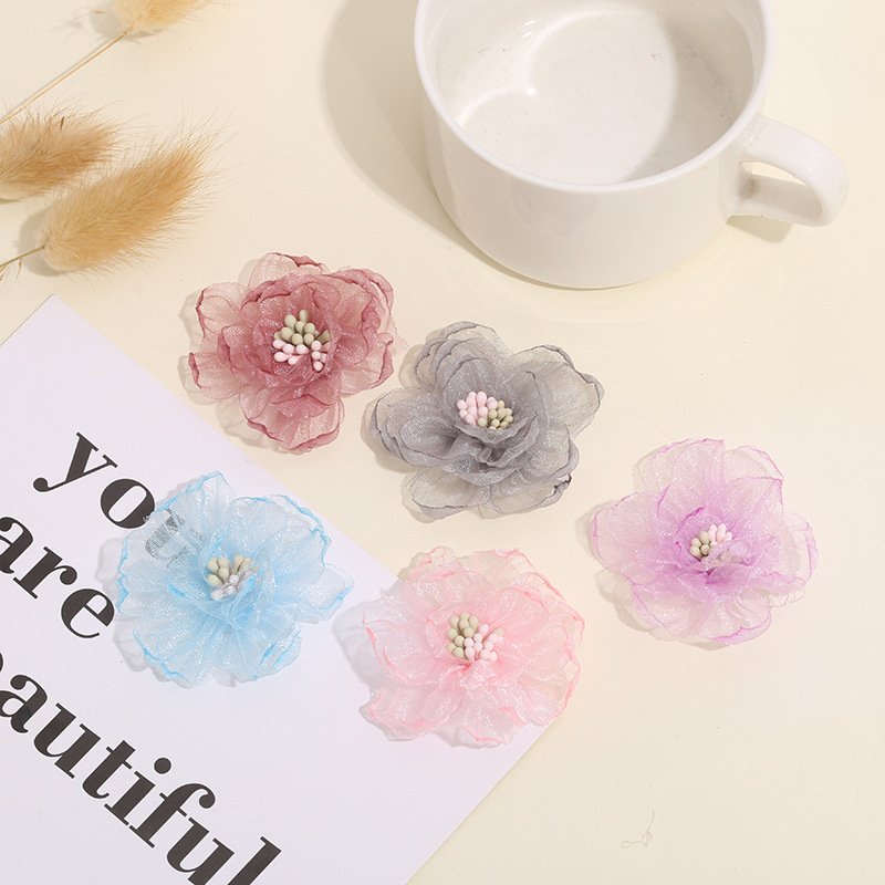 Blue, Pink and Grey Organza Burnt Edge 5cm Flower Appliques with Pearls for DIY Sewing Crafts