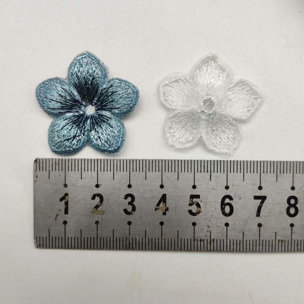 Blue and White Embroidery Lace Five Petal Flower Applique 4cm for Clothing, Bags, and Jewelry